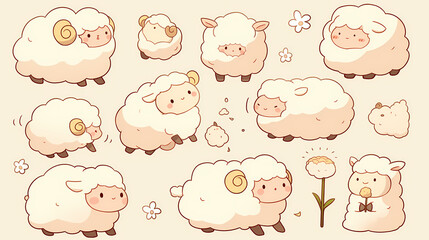 Cute cartoon sheep in various playful poses, surrounded by flowers and a dandelion, perfect for children's designs