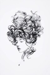 Fototapeta premium Woman, elegant hairstyle, pencil sketch, white background, artistic portrait