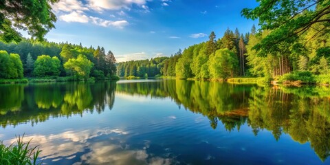 Fototapeta premium Serene lake surrounded by lush greenery and tall trees in summer, nature, idyllic, nature, idyllic, summer landscape, water
