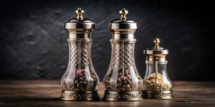 Elegant glass salt and pepper mill set with ornate metal details on a luxurious dark background, showcasing refined elegance in kitchen decor , pepper mill, elegant