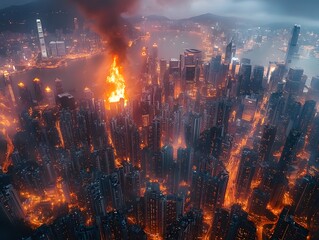 Fototapeta premium Nighttime Cityscape Engulfed in Flames and Explosions Depicting Catastrophic Disaster or Apocalyptic Scenario