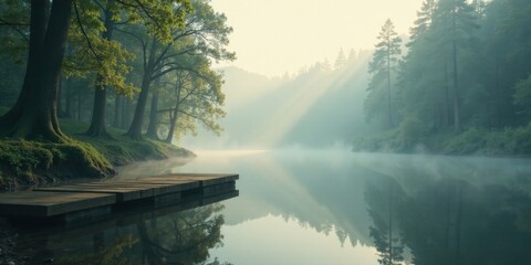 Serene morning mist shrouds a tranquil lake, reflecting the sunlit canopy of trees and a simple wooden dock, inviting peaceful contemplation.