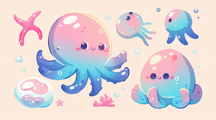 Cute and colorful cartoon sea creatures including jellyfish and octopuses in a playful underwater scene