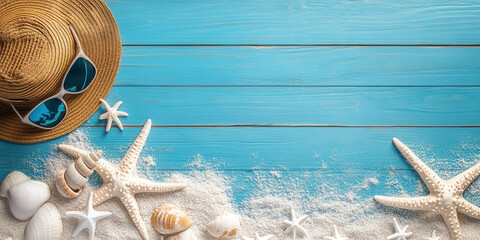 Summer Dreams on Turquoise: A captivating scene unfolds on a vibrant turquoise wooden backdrop, with inviting beach elements scattered in the sand.