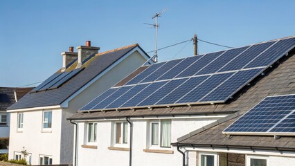 Fototapeta premium Silhouette Solar Panels Rooftop Buckie Moray Scotland UK - Renewable Energy Sunset