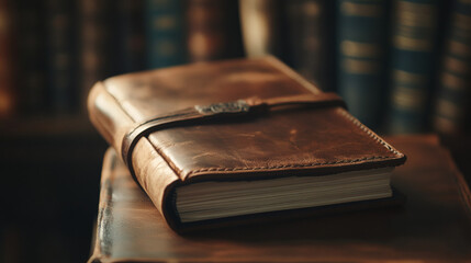 Timeless Legacy: A meticulously crafted leather-bound journal rests atop a stack of aged books, illuminated by soft, ambient light, inviting the viewer to step into a world of untold stories, secrets.