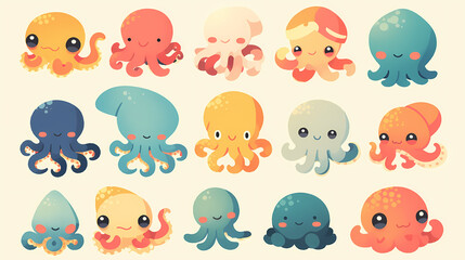 Fototapeta premium Cute and colorful cartoon octopuses in various expressions and poses on a light background