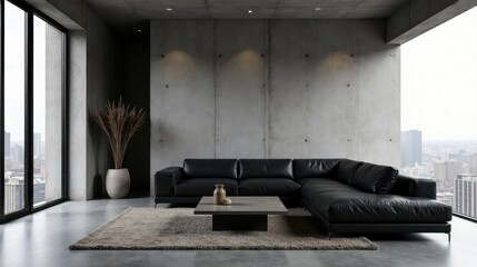 Modern Sectional Sofa in a Minimalist Concrete Loft Apartment with Floor-to-Ceiling Windows and City Views