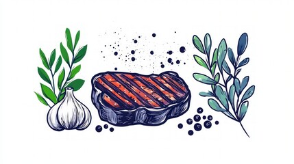 Grilled Steak Sketch  Gourmet Food Illustration  Herbs  Garlic  Peppercorns