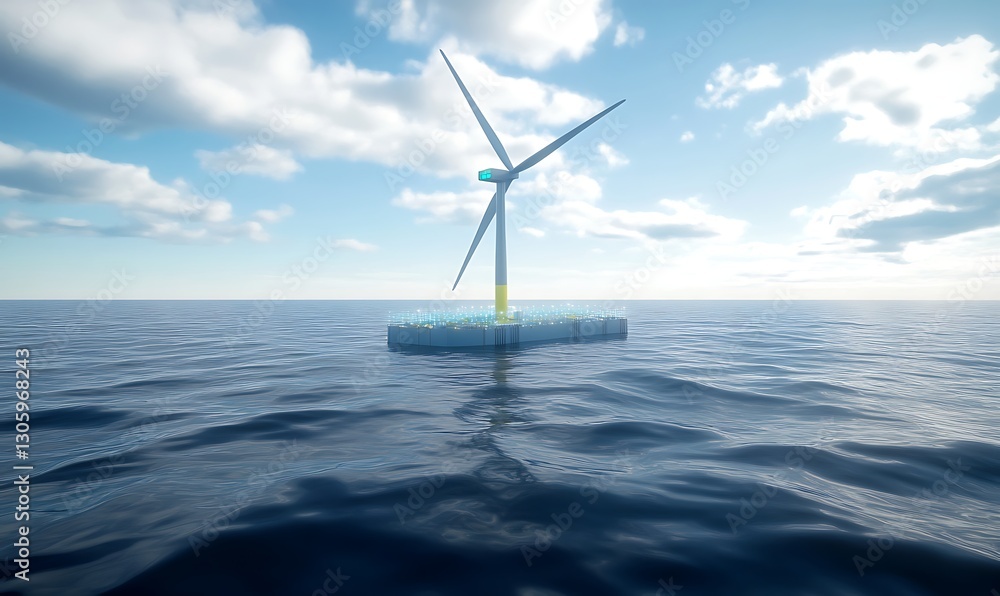 Poster massive offshore floating wind turbine platform image showcasing renewable energy technology.