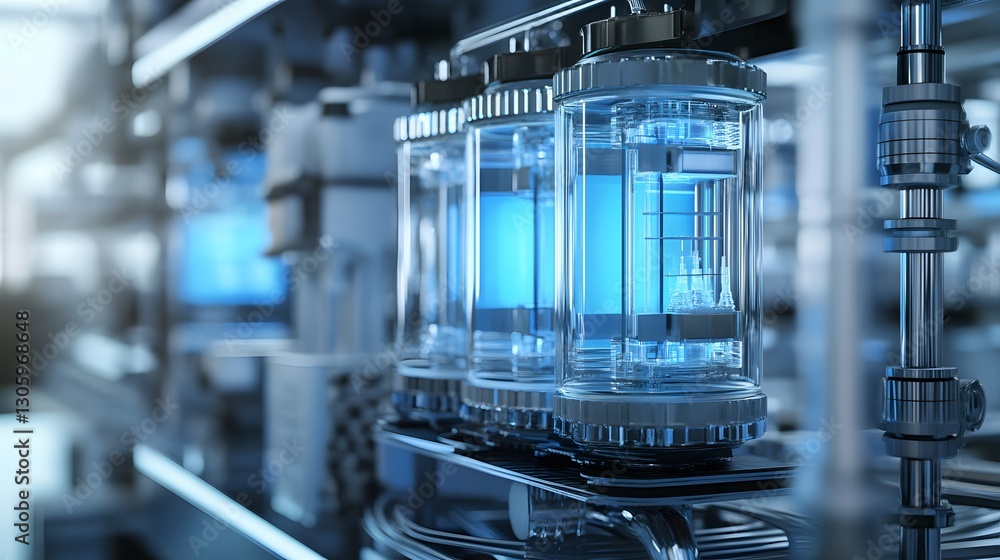 Poster a series of blue containers are lined up on a conveyor belt. the containers are all the same size an