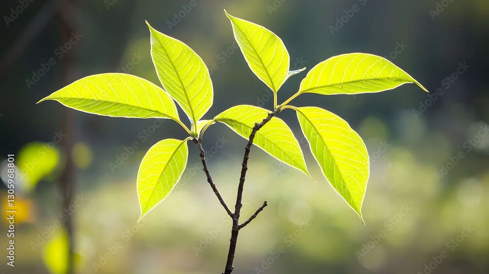 Poster Mesmerizing high contrast image showcasing the captivating interplay of light and shadow on a cluster of vibrant verdant plant leaves