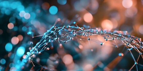 Glowing network of interconnected nodes and lines representing collaboration in a mechanical realm, with abstract digital backgrounds. Emphasizing futurism, technology, and innovation.