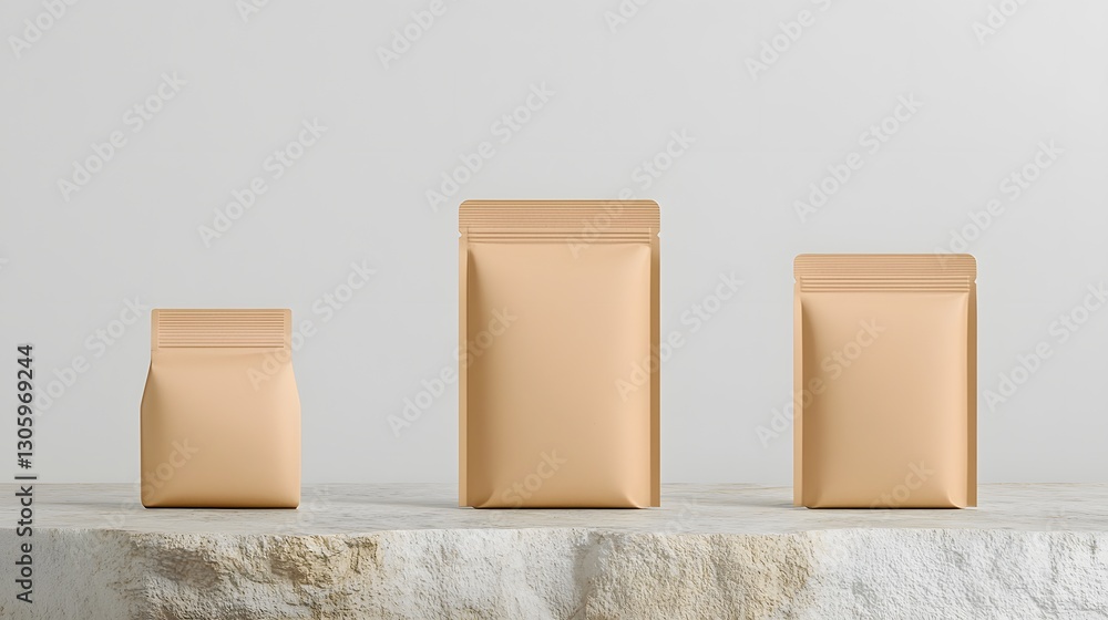 Poster mockup of a compostable kraft paper pouch with a matte finish displayed on a natural stone surface t