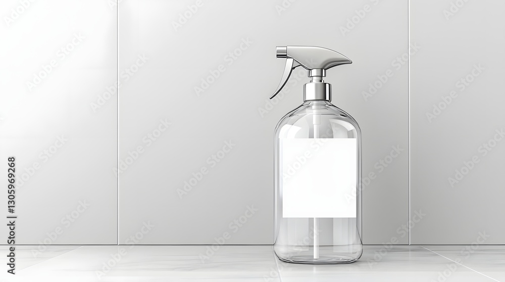 Aufkleber mockup of a transparent glass spray bottle with a blank white label area and a silver nozzle the bot