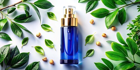 Airless Pump Bottle Product Photography: Overhead, Green Leaves, Blue Reflection, Gold Highlights