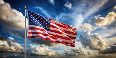 A majestic American flag gently swaying in a cloudy sky with soft, white puffy clouds floating above, as the wind whispers through its folds , patriotic scene, windy day