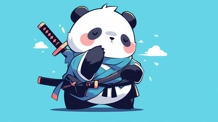 Naklejka premium Cute cartoon panda in ninja attire, playfully posing against a bright blue background with clouds