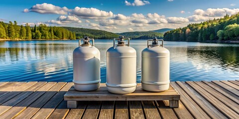 Naklejka premium Three propane tanks lined up in a row on a wooden dock overlooking a serene lake, dockside storage, gas cylinders