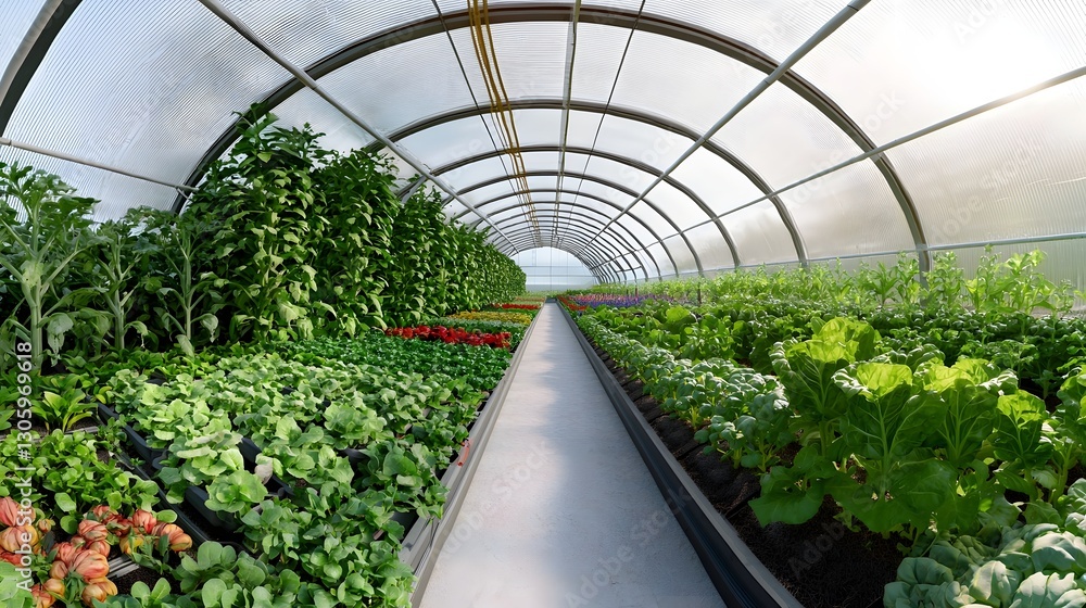 Aufkleber Panoramic view capturing the curvature of a greenhouse tunnel filled with a diverse array of thriving crops and lush foliage