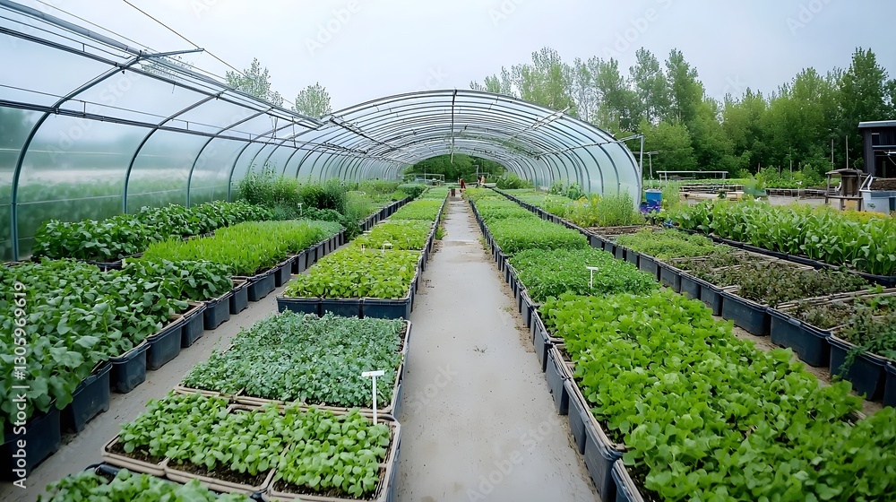 Aufkleber panoramic view capturing the curvature of a greenhouse tunnel filled with a diverse array of thrivin