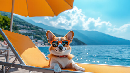 Sun-Kissed Canine Vacation: A charming corgi, sporting stylish sunglasses, relaxes on a sunny beach lounge chair under a vibrant yellow parasol, against a backdrop of glistening ocean and mountain.