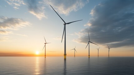 Obraz premium Massive offshore wind turbines in a coastal landscape, showcasing renewable energy technology and environmental sustainability.