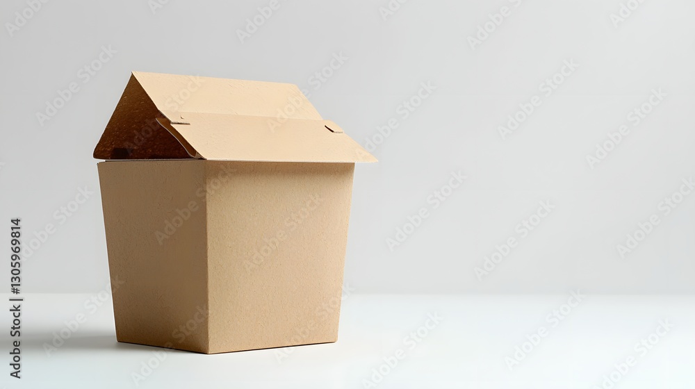 Poster photo of a biodegradable molded pulp box in soft neutral earth tones isolated on a clean white backg