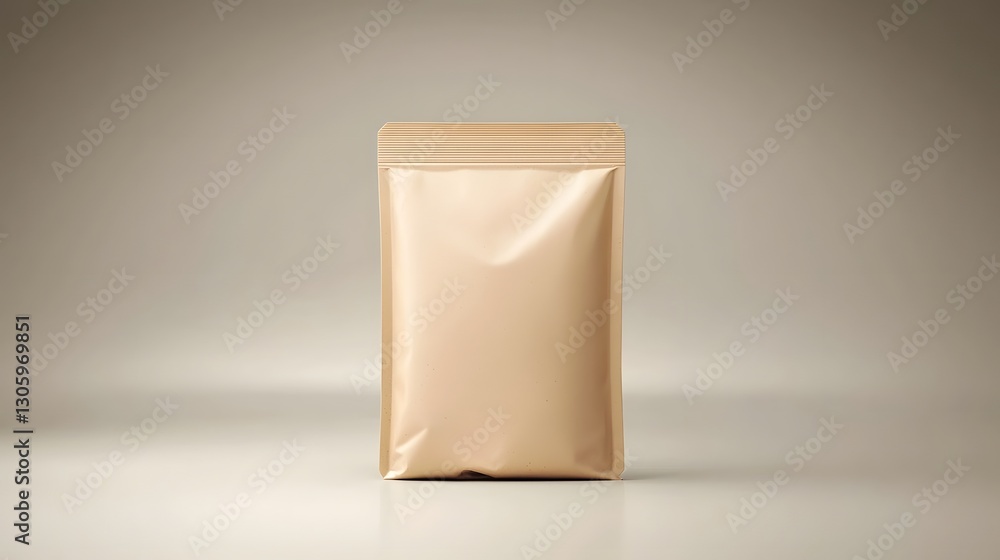 Poster photo of a biodegradable and compostable pouch with a soft matte finish in neutral earth tones the s