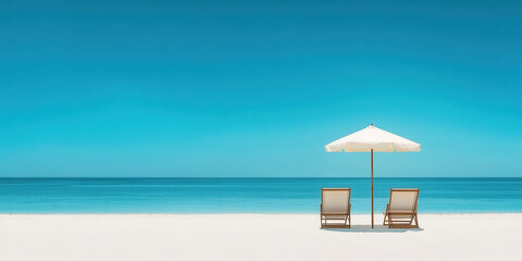 Beach Serenity: Two beach chairs sit beneath a white umbrella on a pristine white sand beach, facing a tranquil turquoise ocean under a clear blue sky.  Relaxation, peace, and escape are evoked.