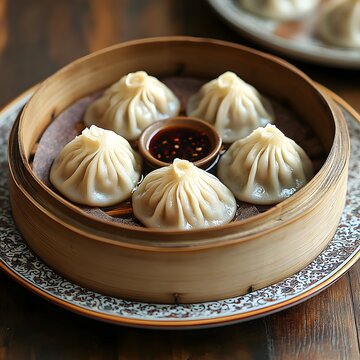 Delectable Steamed Dumplings Platter on Wooden Bamboo Tray with Dipping Sauce