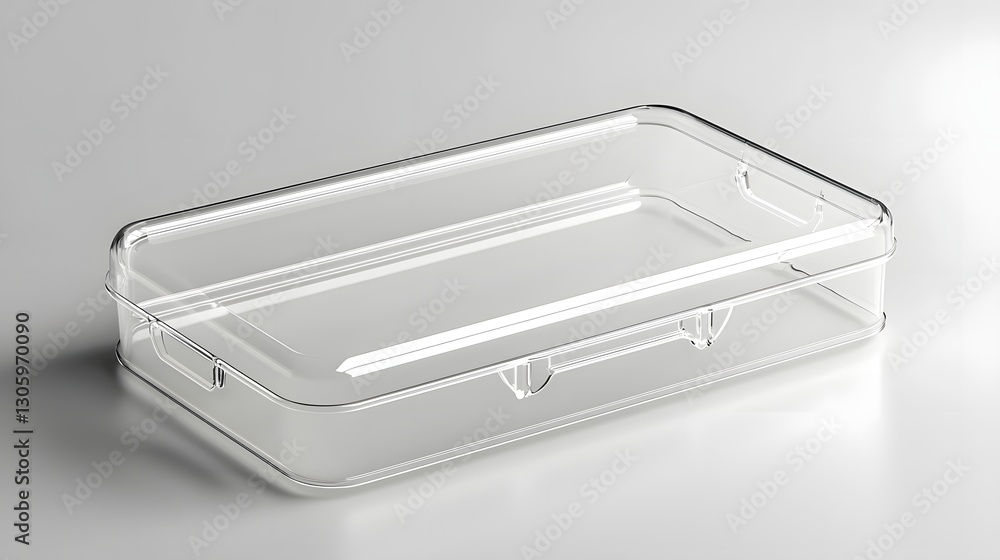 Aufkleber photo of a clear plastic clamshell container with no labels isolated on a clean white studio backgro