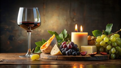 Obraz premium A beautifully arranged table setting with a wine glass, candle and fruit