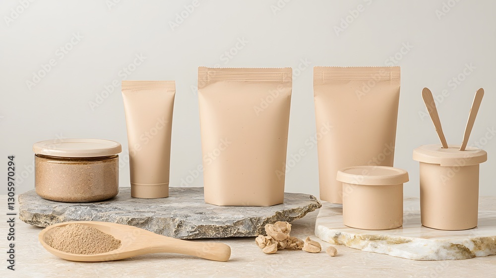 Poster photo of a compostable kraft paper pouch with a matte finish displayed on a natural stone surface th