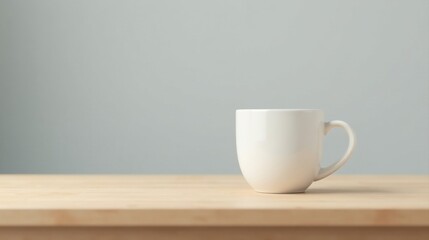 Fototapeta premium A simple white mug rests on a light wood surface against a muted background, conveying tranquility and a sense of quiet contemplation.