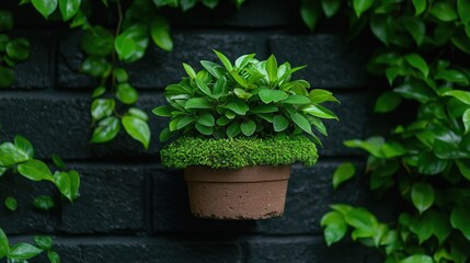 Lush greenery thrives on dark brick wall