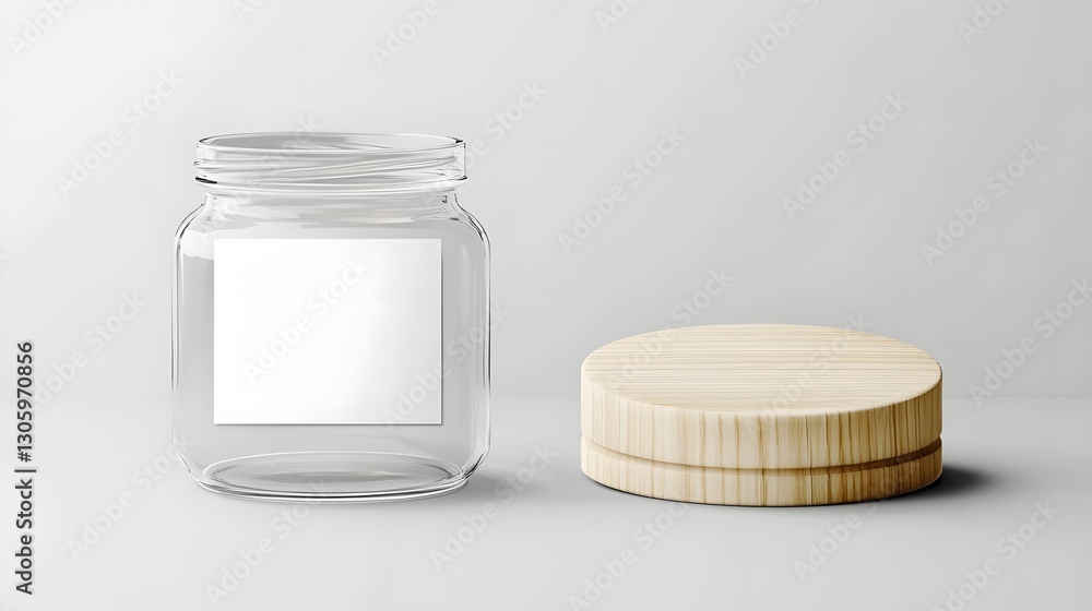 Poster photo of a frosted glass jar with a blank label area and a smooth natural wooden lid the simple mini