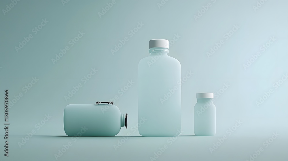 Aufkleber photo of a frosted glass flask bottle with a slim neck and matte white cap in a modern minimalist studio setting  The transparent container has a simple elegant design perfect for product display