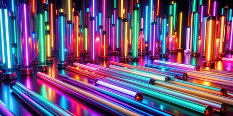 Fototapeta premium A cluster of vibrant neon tubes glowing in the dark against a dimly lit background, creating an immersive ambiance of retro futurism and electronic dreams, retro neon, dark setting