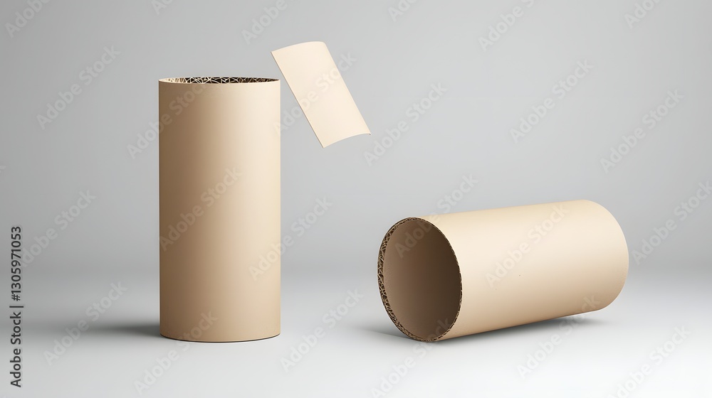 Poster photo of a Kraft cardboard cylinder container with a smooth matte finish floating on a plain grey background  This minimalist