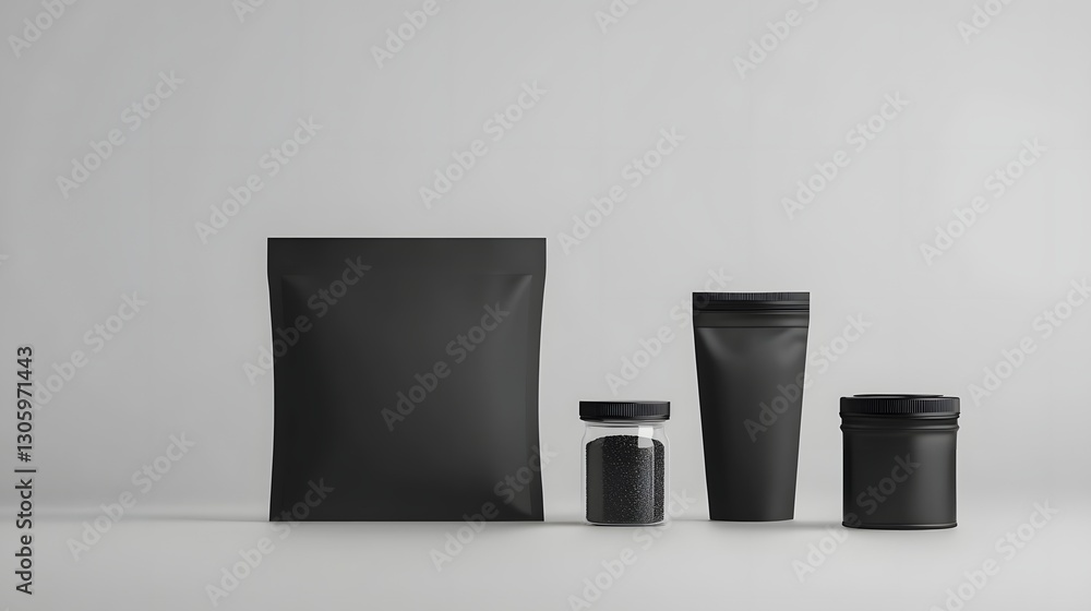 Aufkleber photo of a matte black flat pouch with a smooth velvety texture displayed against a light grey backd