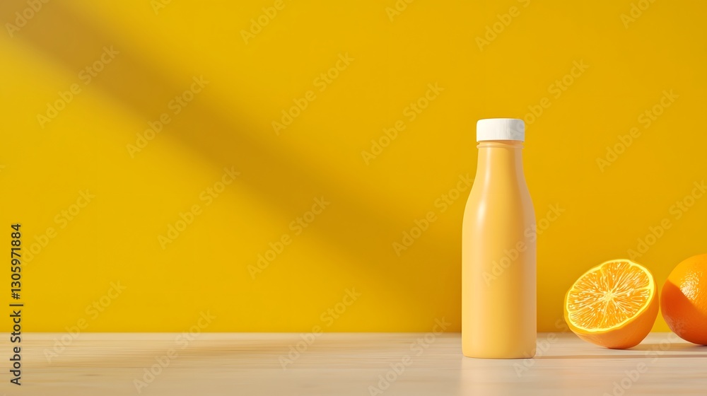 Poster photo of a slim carton juice box with a matte finish and a white screw cap placed on a plain yellow 