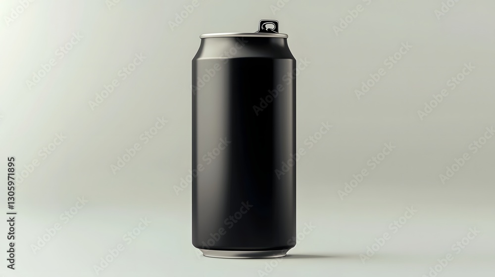 Poster photo of a slim matte black energy drink can with a glossy pull tab isolated against a gradient back