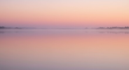 Obraz premium Tranquil Dawn over Lake: A serene and captivating scene unfolds as the calm water of a lake mirrors the soft pastel hues of the dawning sky, creating a sense of peace and tranquility.