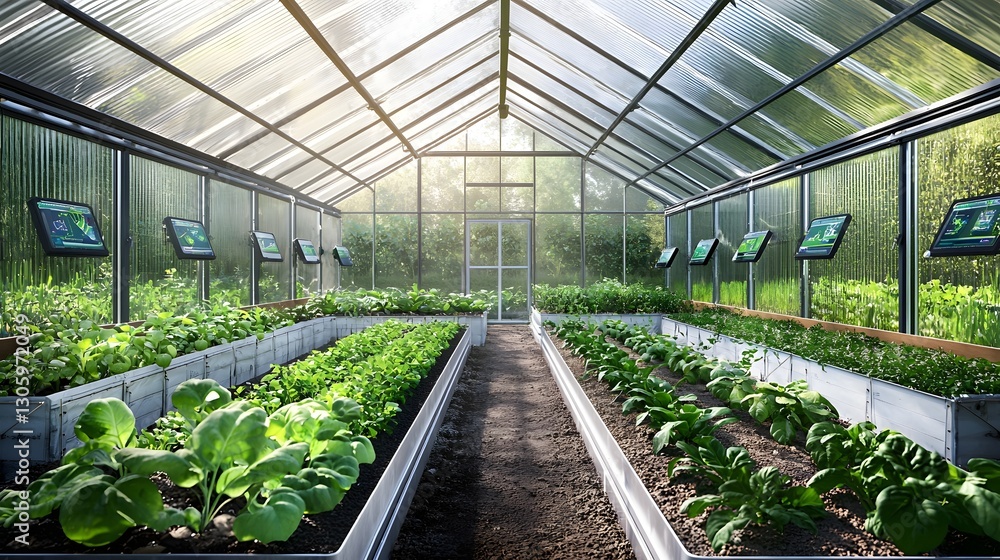 Poster photo of a temperature regulated greenhouse with insulated panels and smart monitoring screens for o