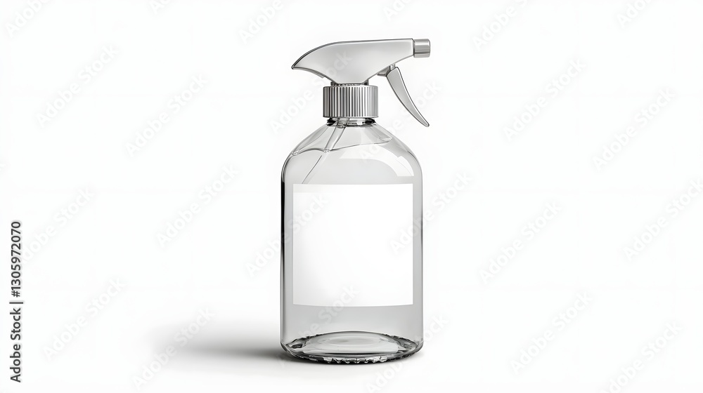 Poster photo of a transparent glass spray bottle with a blank white label area and a silver colored nozzle 
