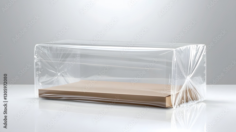 Poster photo of a transparent and glossy bubble mailer packaging with a clean and modern design the package