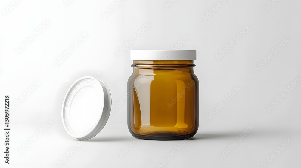 Poster photo of an amber glass jar with a white screw lid showcased on a simple clean and minimal white bac