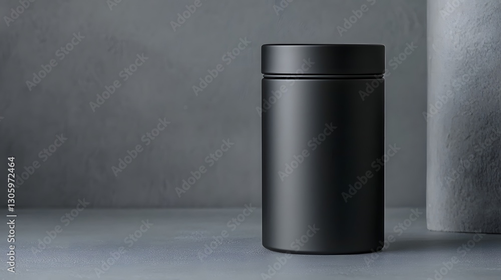Poster photo showcasing a matte black seamless cylindrical tea tin container floating elegantly on a simple