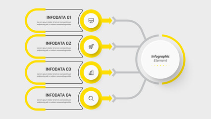 Business Central Circle Infographic Template with Yellow Color, Circle Label, Line ,4 Options and Icon. Suitable for Process Diagram, Presentations, Workflow Layout, Banner, Flow Chart	